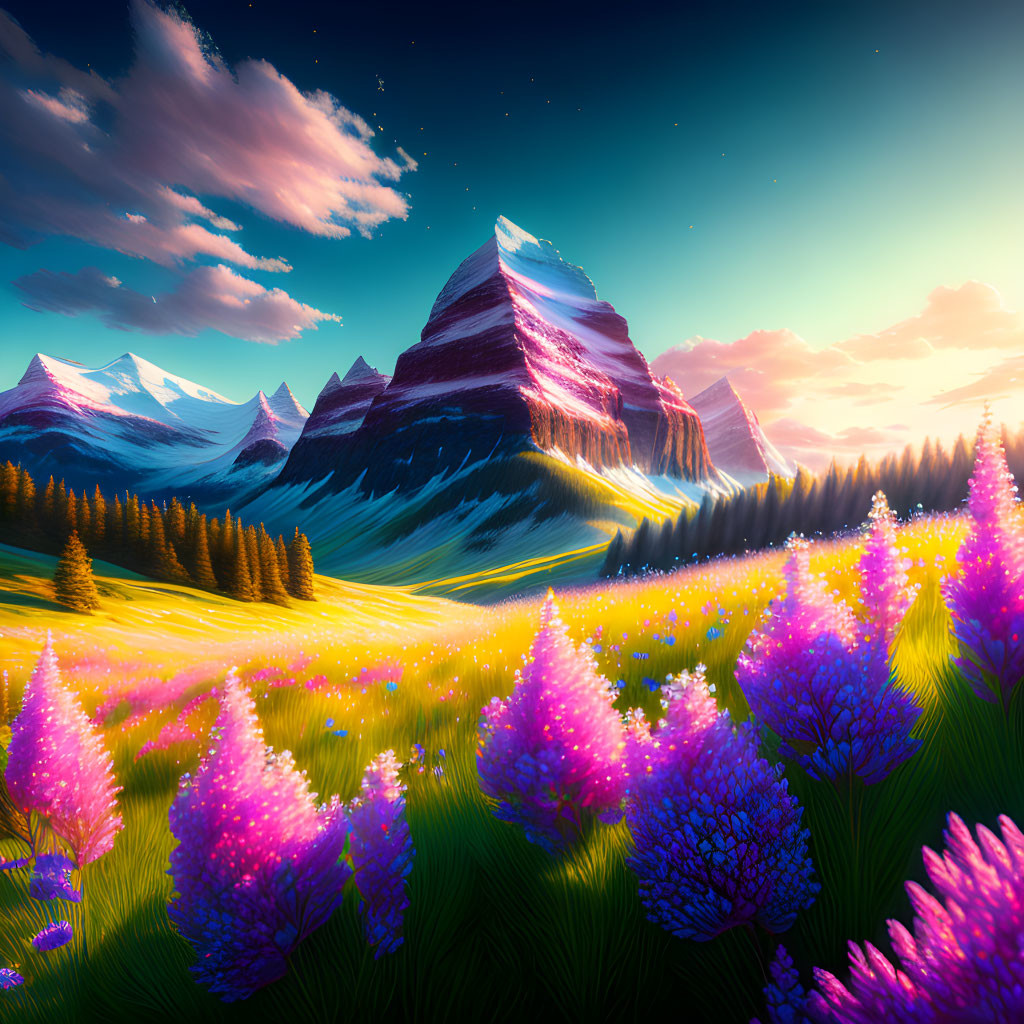 Vibrant sunset meadow with purple flowers and mountain peaks