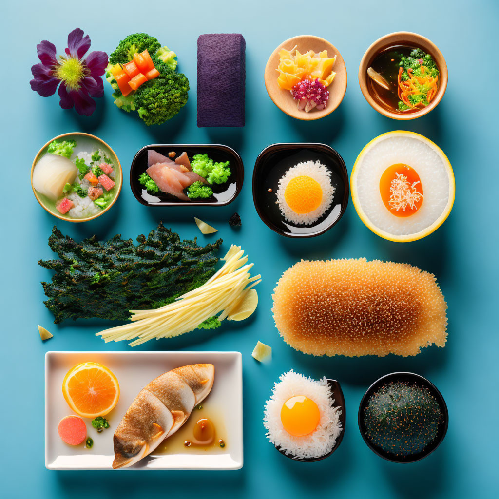 Japanese Cuisine Spread on Blue Background: Sushi, Noodles, Soup, Rice, Fruits &