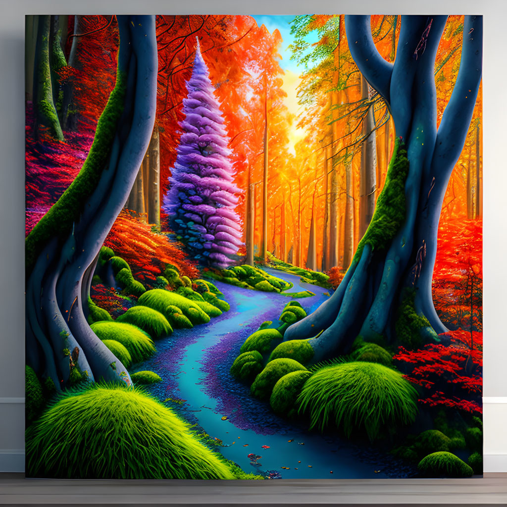 Colorful Forest Painting: Blue Stream, Purple Tree, Red & Orange Foliage