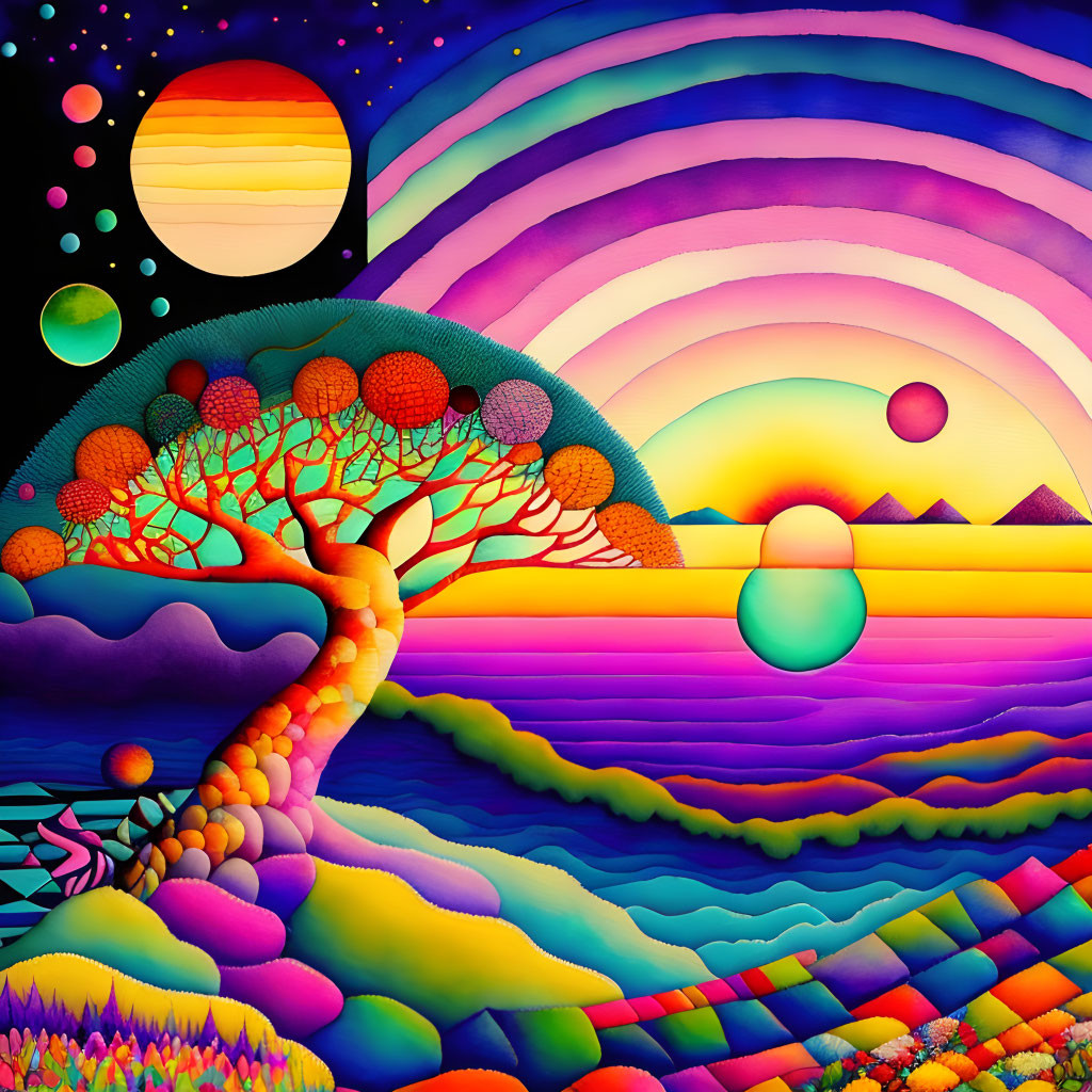 Colorful Tree in Vibrant Psychedelic Landscape