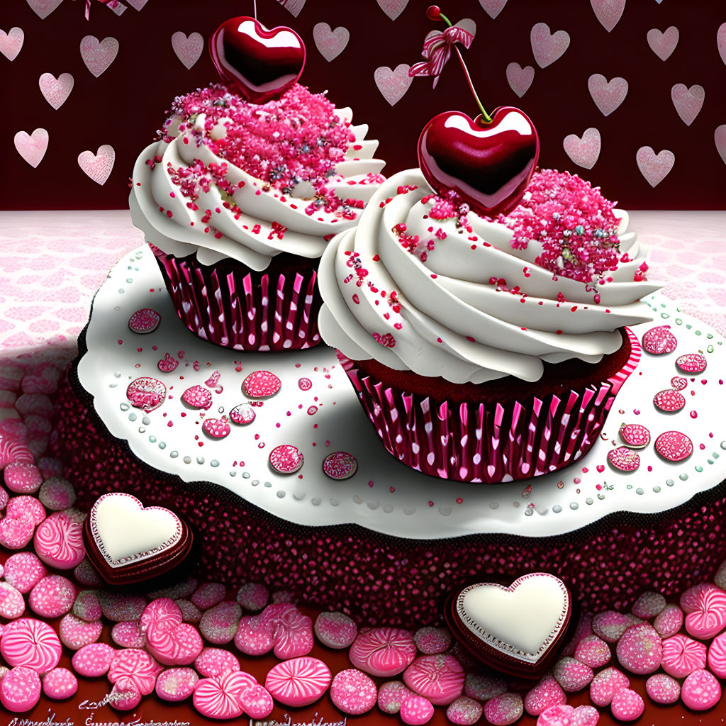 Heart-shaped cupcakes and candies on pink surface