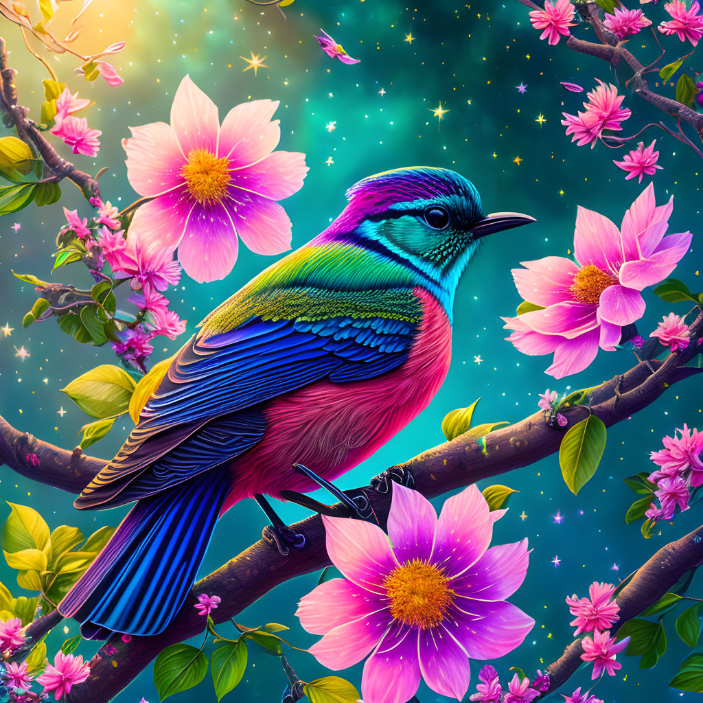 Colorful Bird on Flowering Branch in Starry Sky Scene