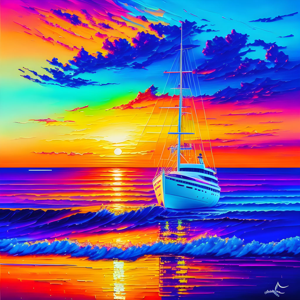 Vibrant sailboat painting at sunset with colorful sky