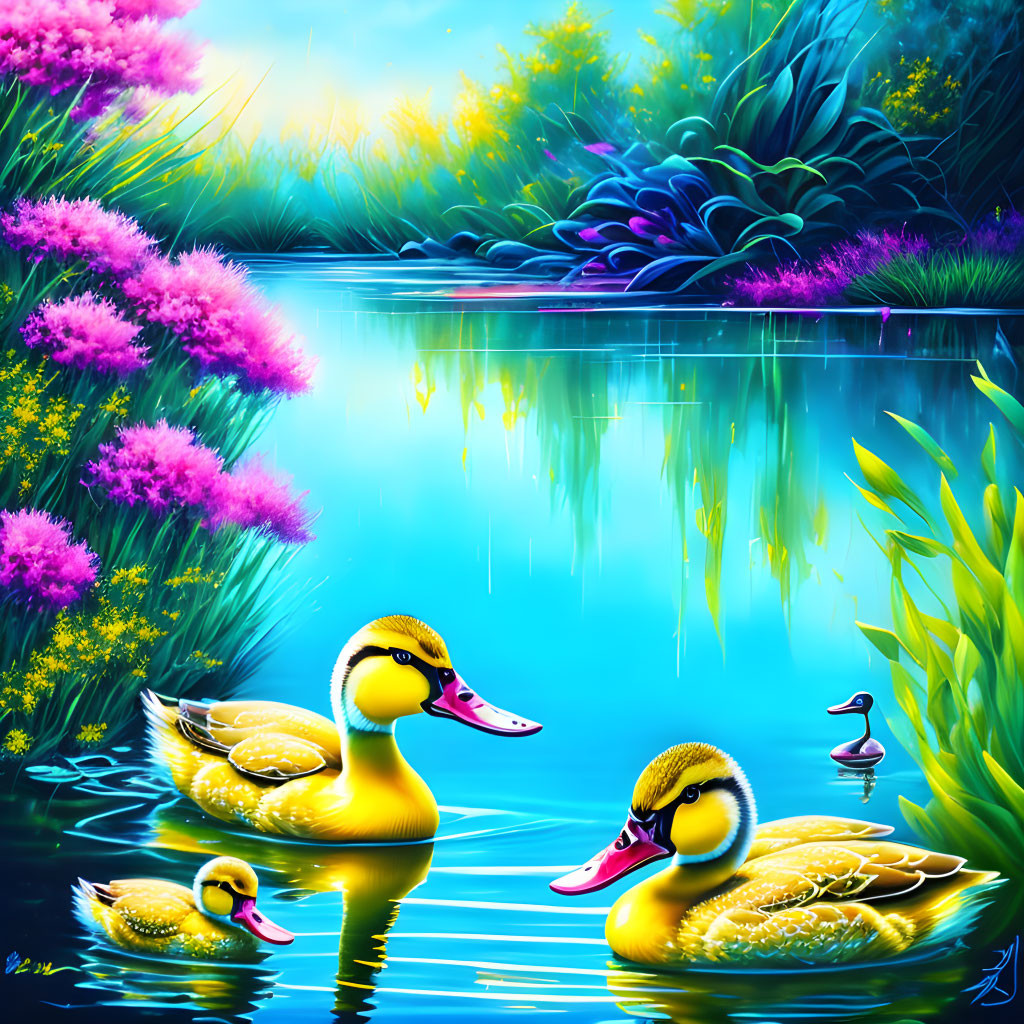 Colorful digital artwork: Three yellow ducks on blue pond with lush foliage and pink flowers