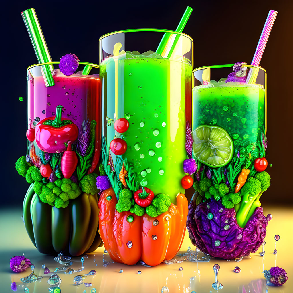 Colorful Fresh Fruit and Vegetable Smoothies in Tall Glasses