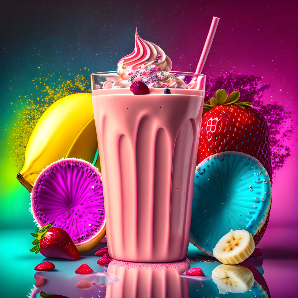 Colorful Fruit Milkshake with Whipped Cream and Sprinkles