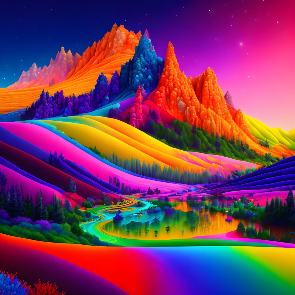 Colorful surreal landscape with rainbow mountains and starry sky