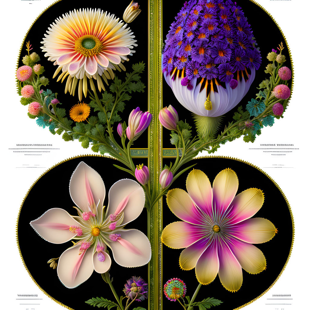 Vibrant Floral Illustrations on Black Background Quadriptych Display