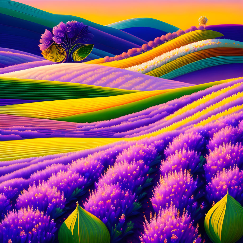 Colorful digital landscape: Rolling hills in purple, orange, and yellow with whimsical trees under a