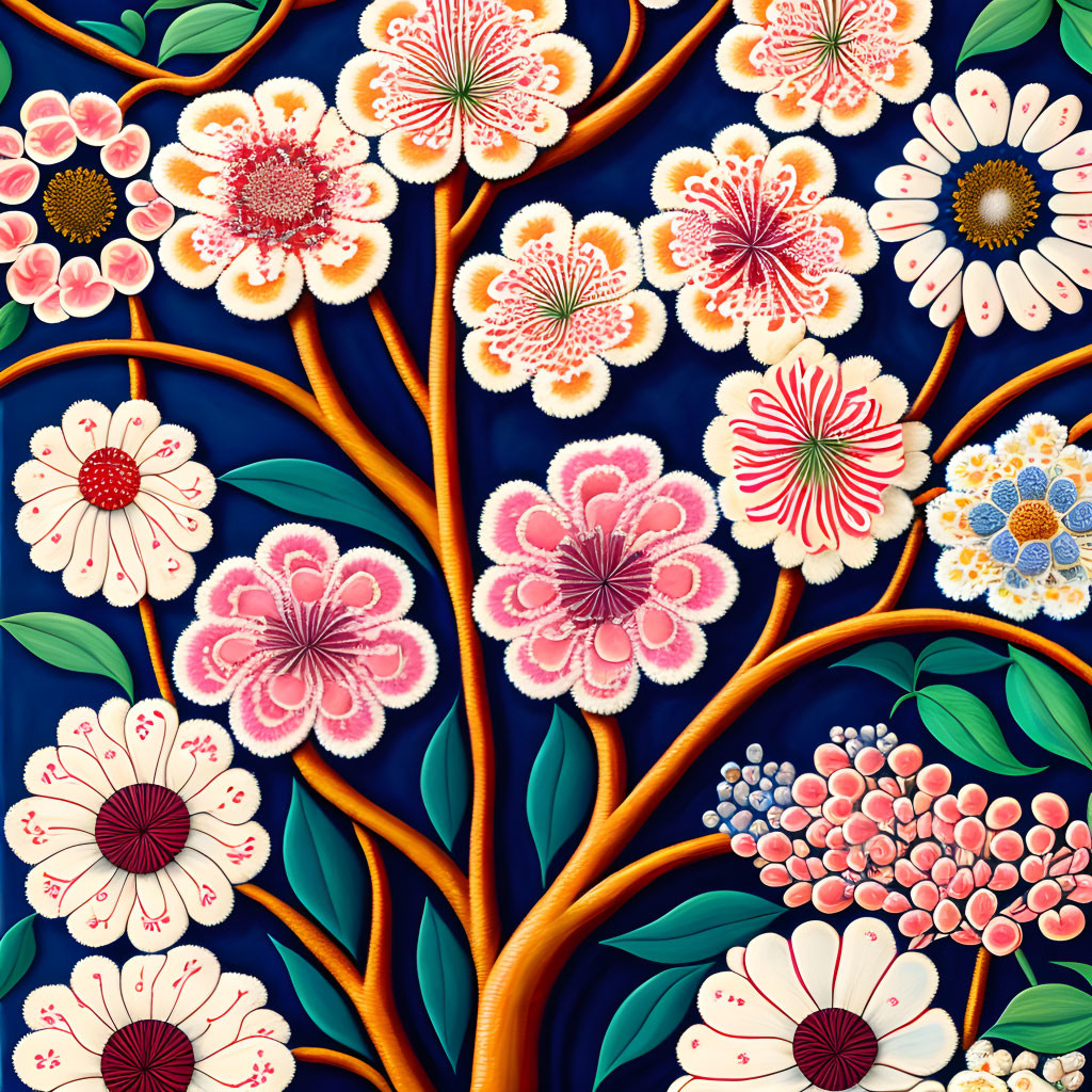 Detailed Stylized Flora Illustration with Blooming Flowers