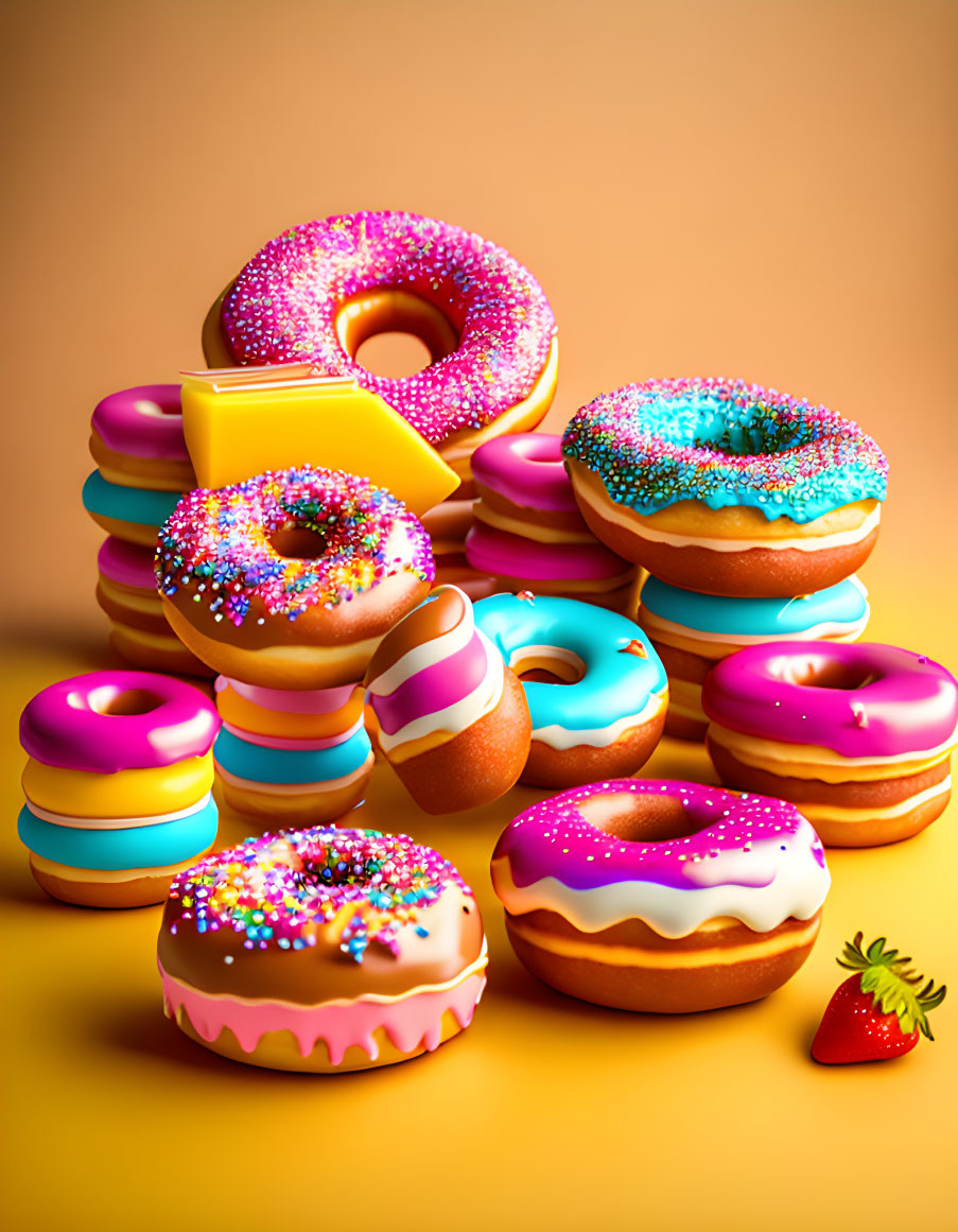 Vibrant doughnuts and toy stacks on warm amber background with strawberry