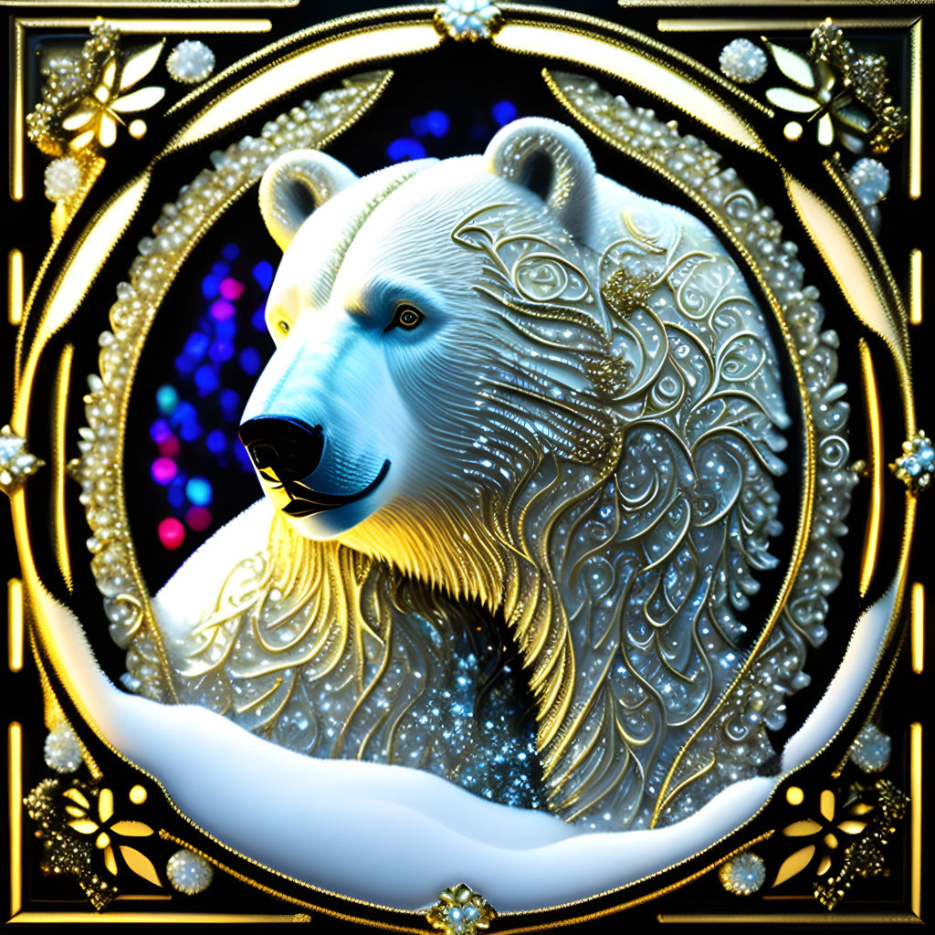 Intricate golden patterns on polar bear illustration