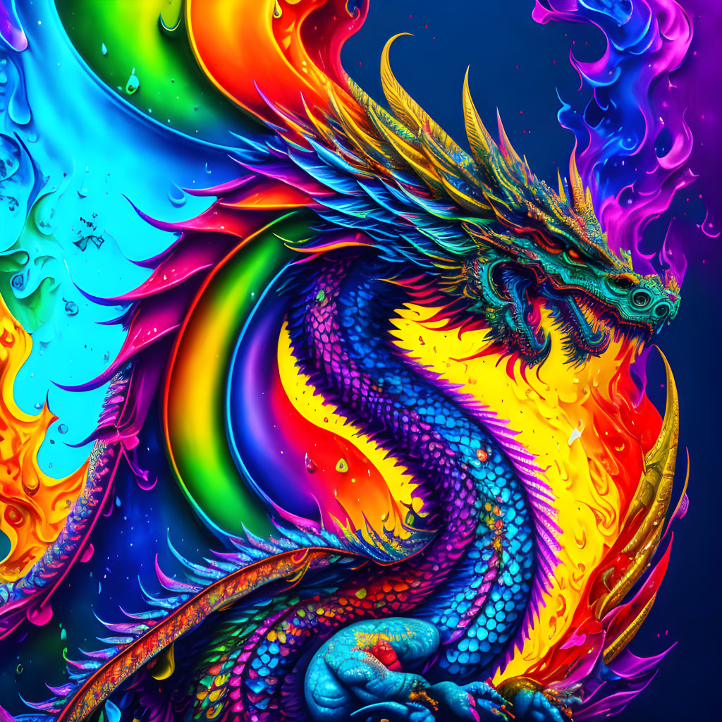 Colorful Dragon with Intricate Scales in Dynamic Rainbow Background