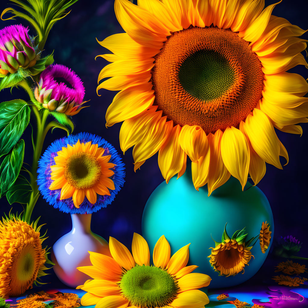 Colorful Sunflowers and Flowers in Ceramic Vases on Radiant Background