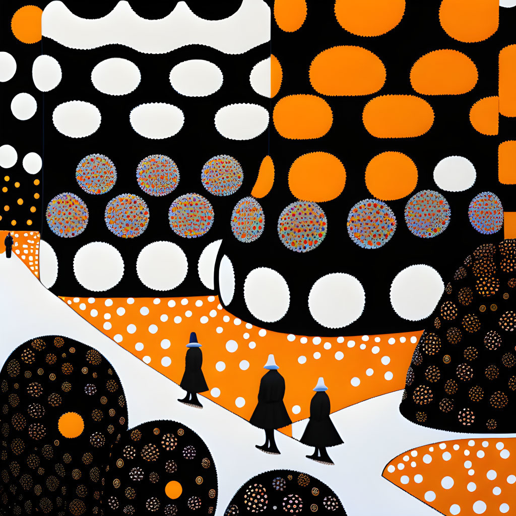 Abstract art: Three black silhouettes on path with dotted background