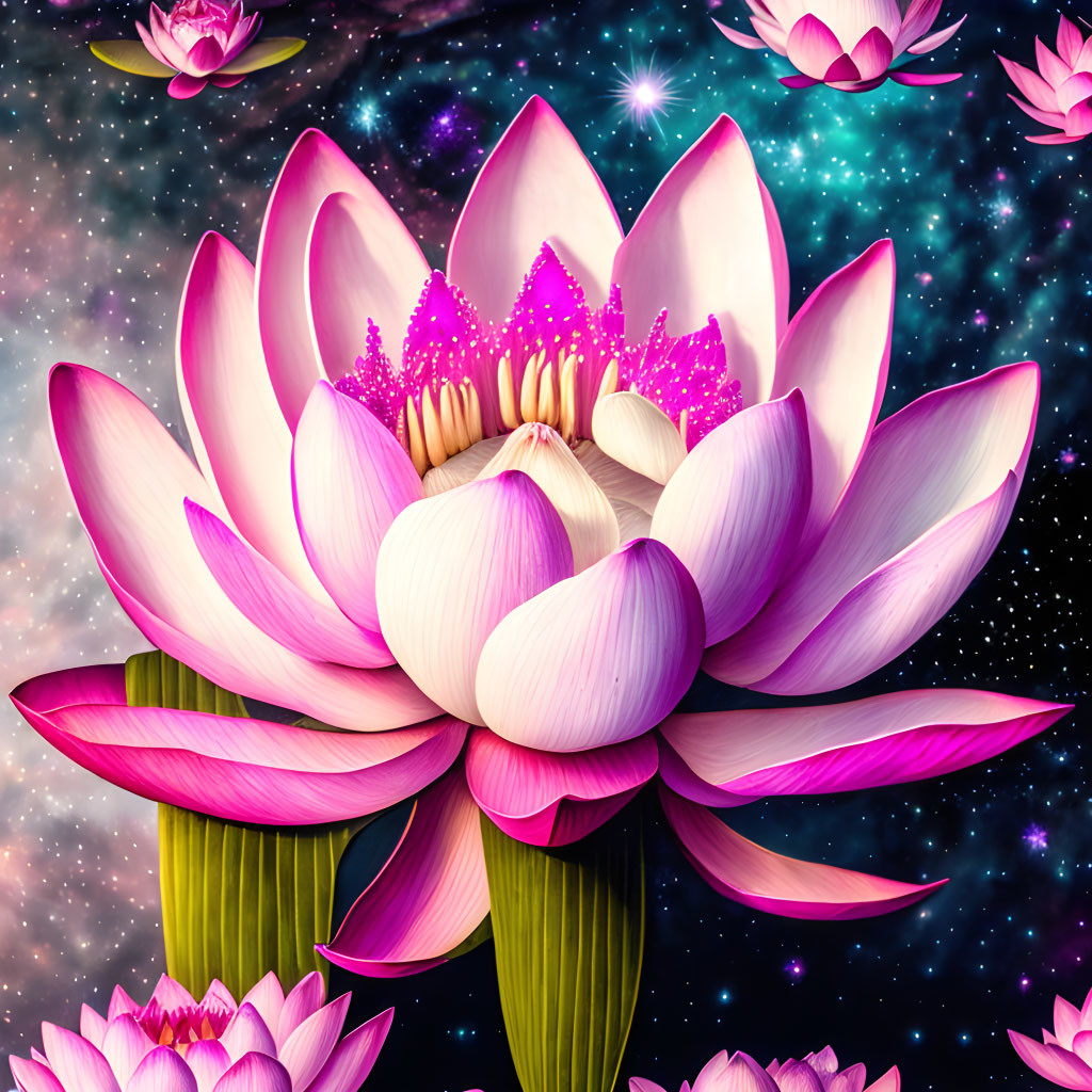 Colorful digital artwork: Pink lotus flower in cosmic setting