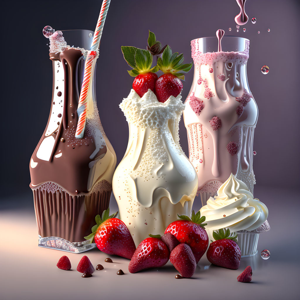 Stylized dessert glasses with female figure shapes filled with milkshakes and toppings