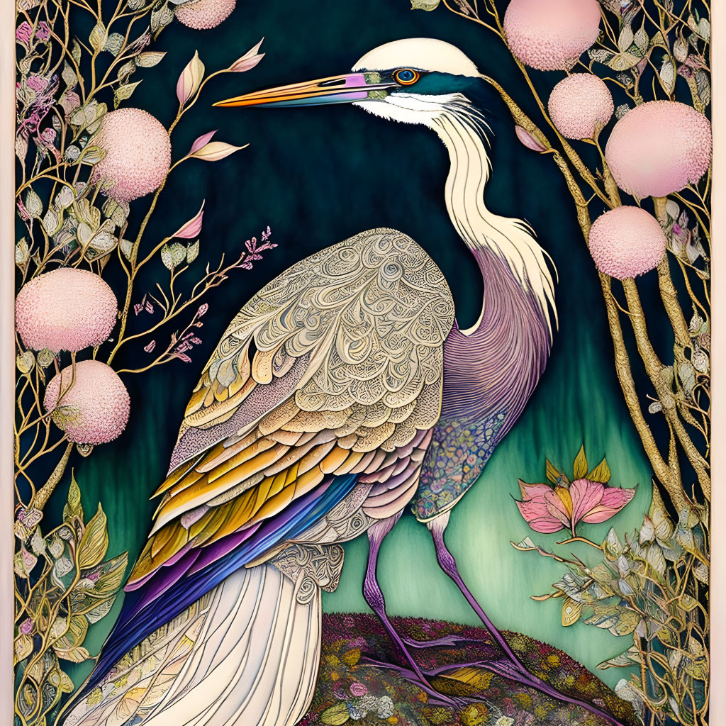 Ornate heron illustration with gold and pink accents