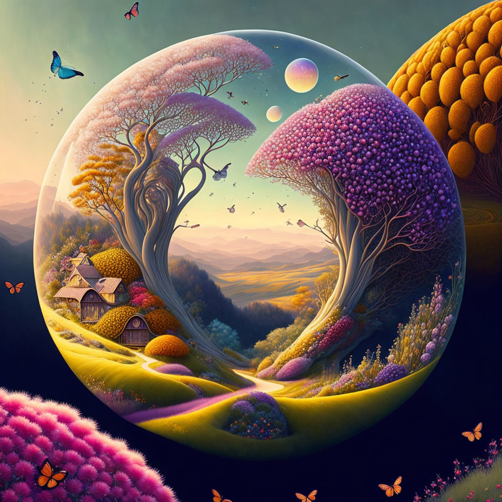 Vibrant Trees and House in Bubble-Like Fantasy Landscape