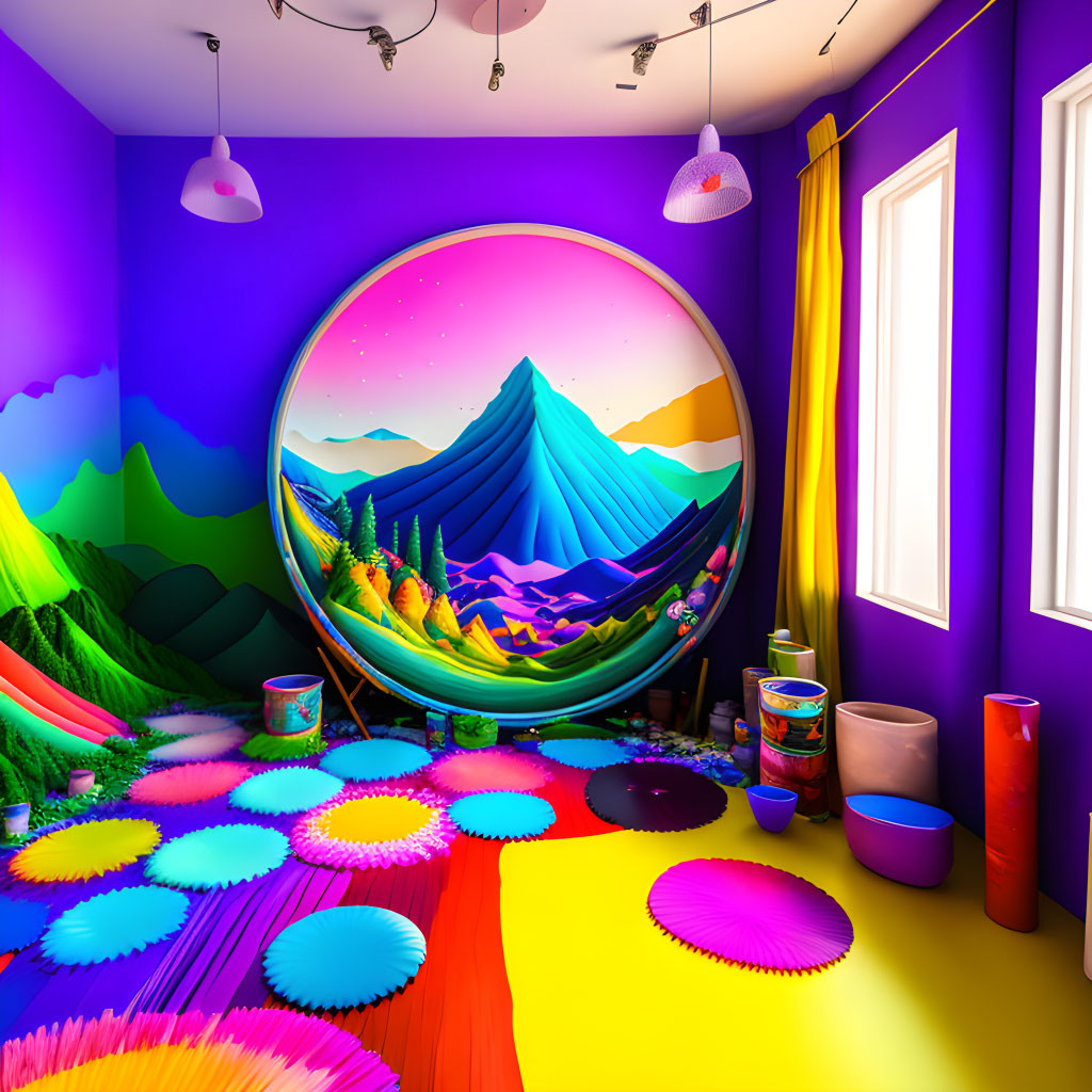 Colorful Room with Large Spherical Landscape Artwork and Paint Cans