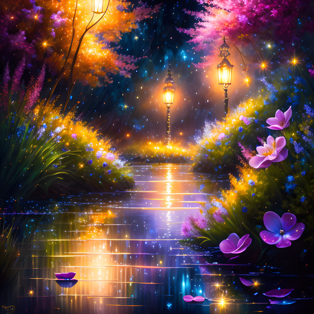 Vibrant starlit garden with glowing flowers, butterflies, lamps, and stream