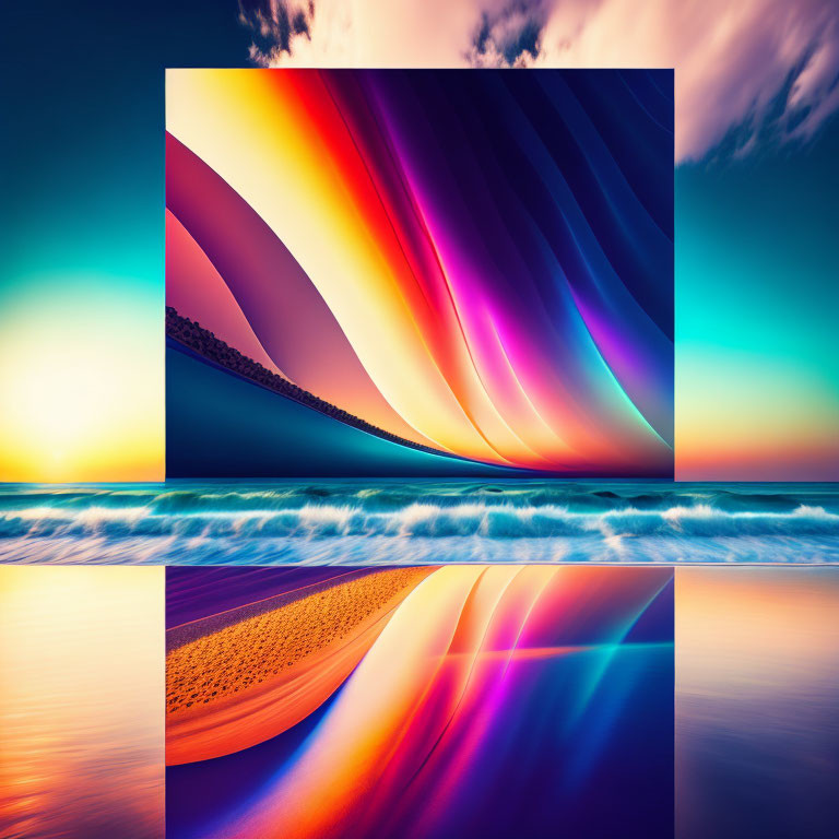 Vibrant abstract design on serene beachscape with colorful reflections