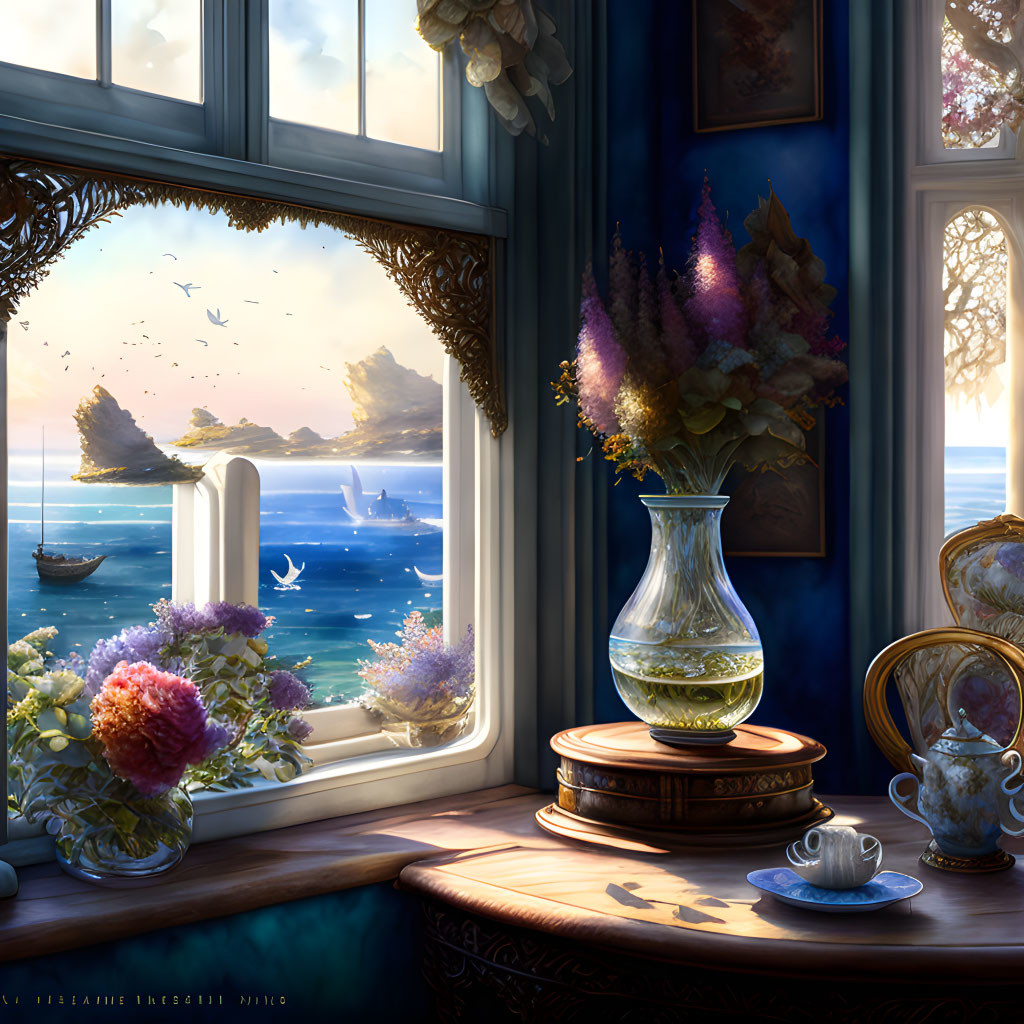 Tranquil room with sea view, flowers, tea, decor, and distant ship