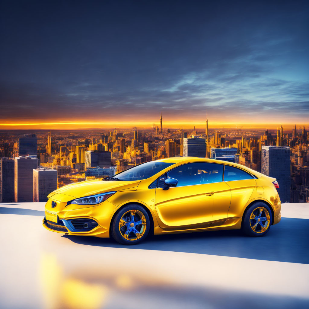 Yellow Sports Car with City Skyline Sunset Reflection