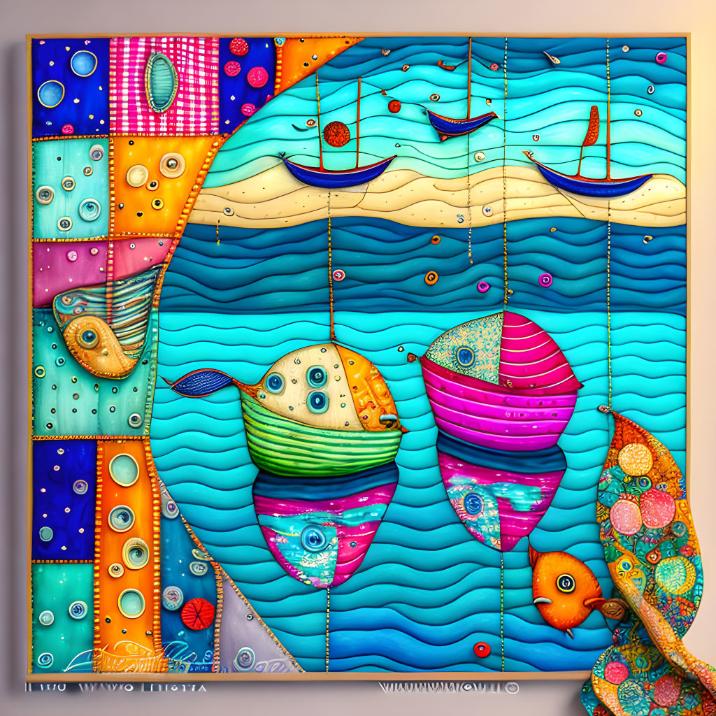 Colorful Abstract Artwork with Fish, Boats, and Marine Patterns