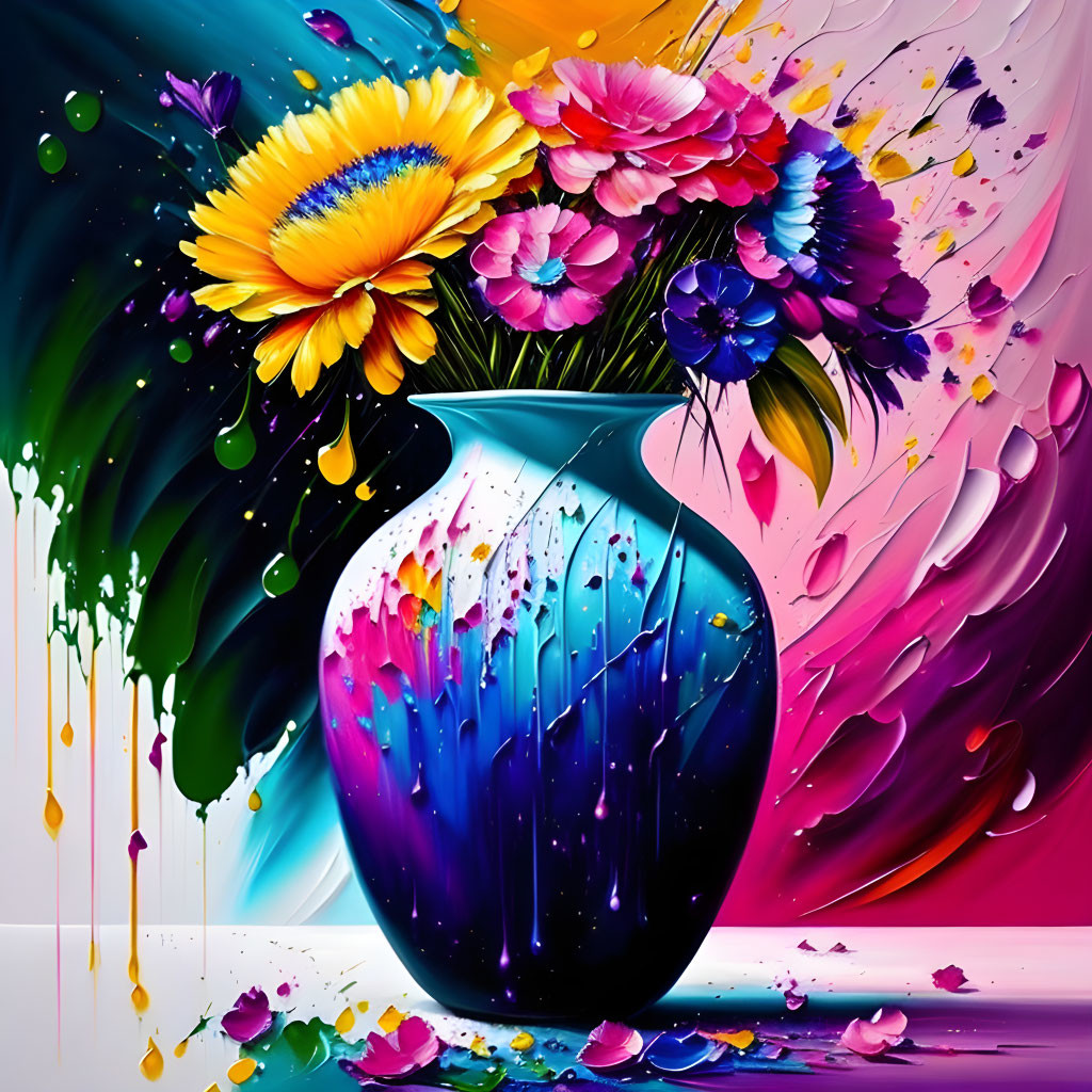 Colorful digital artwork: Vase with stylized flowers and swirling backdrop