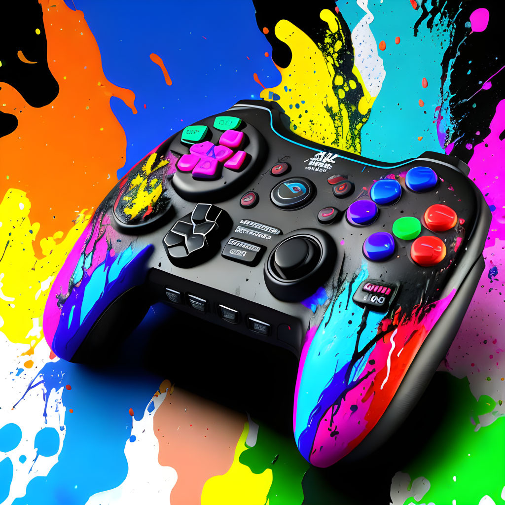 Colorful Gaming Controller with Paint Splashes & Buttons