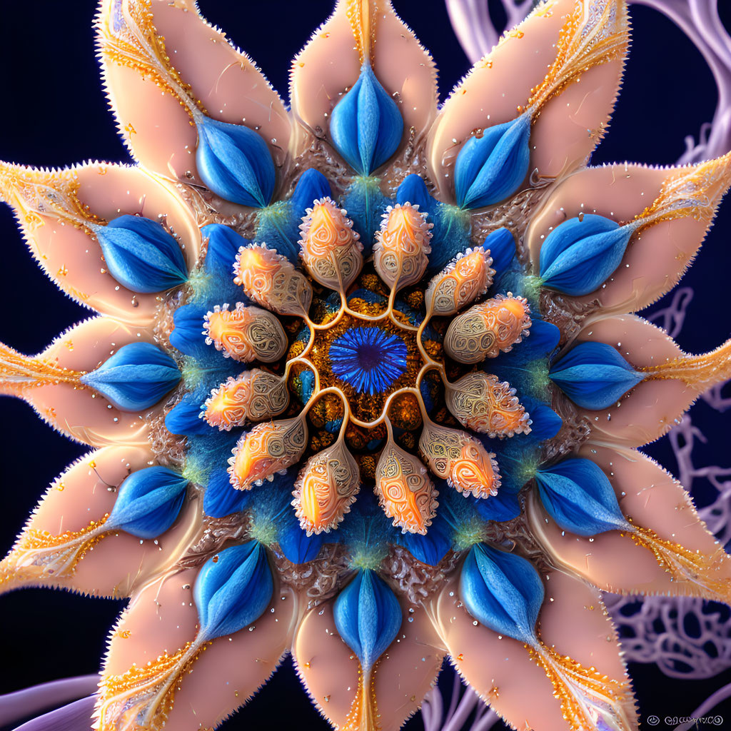 Symmetrical blue and gold fractal design on purple background