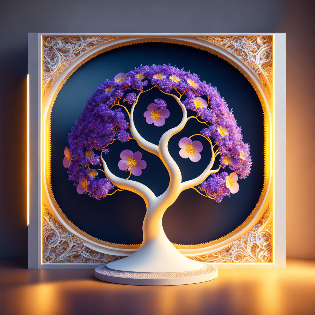 Ornate 3D White Tree Artwork with Purple Blossoms in Decorative Frame