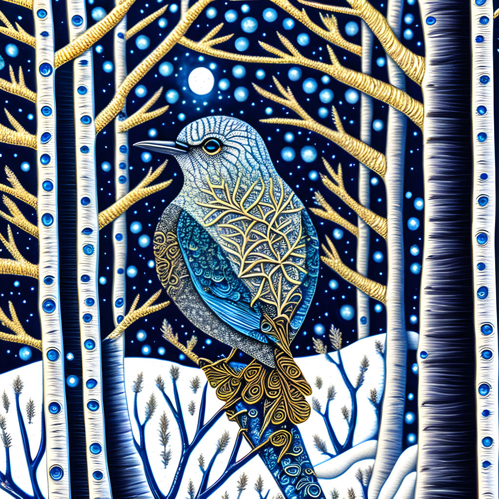 Blue bird in gold and silver tree illustration.