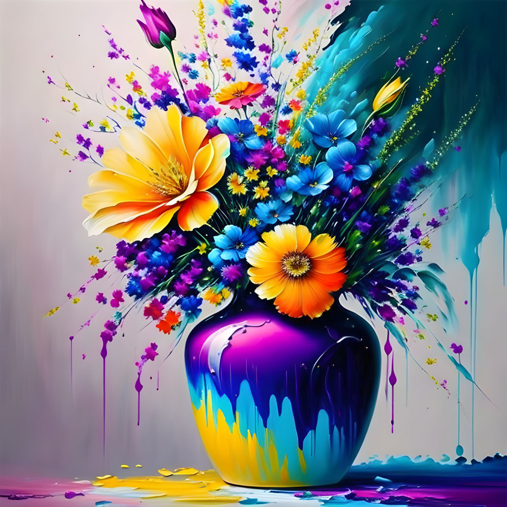 Colorful Flower Bouquet Painting in Purple Vase with Abstract Background