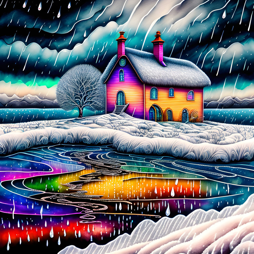 Colorful House Artwork: Glowing Windows, Snowy Landscape