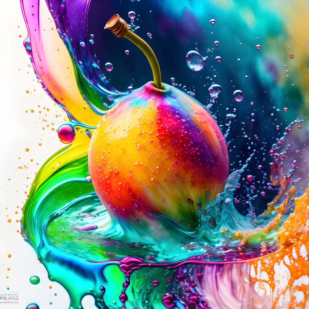 Colorful liquid paint splashing around a vibrant apple