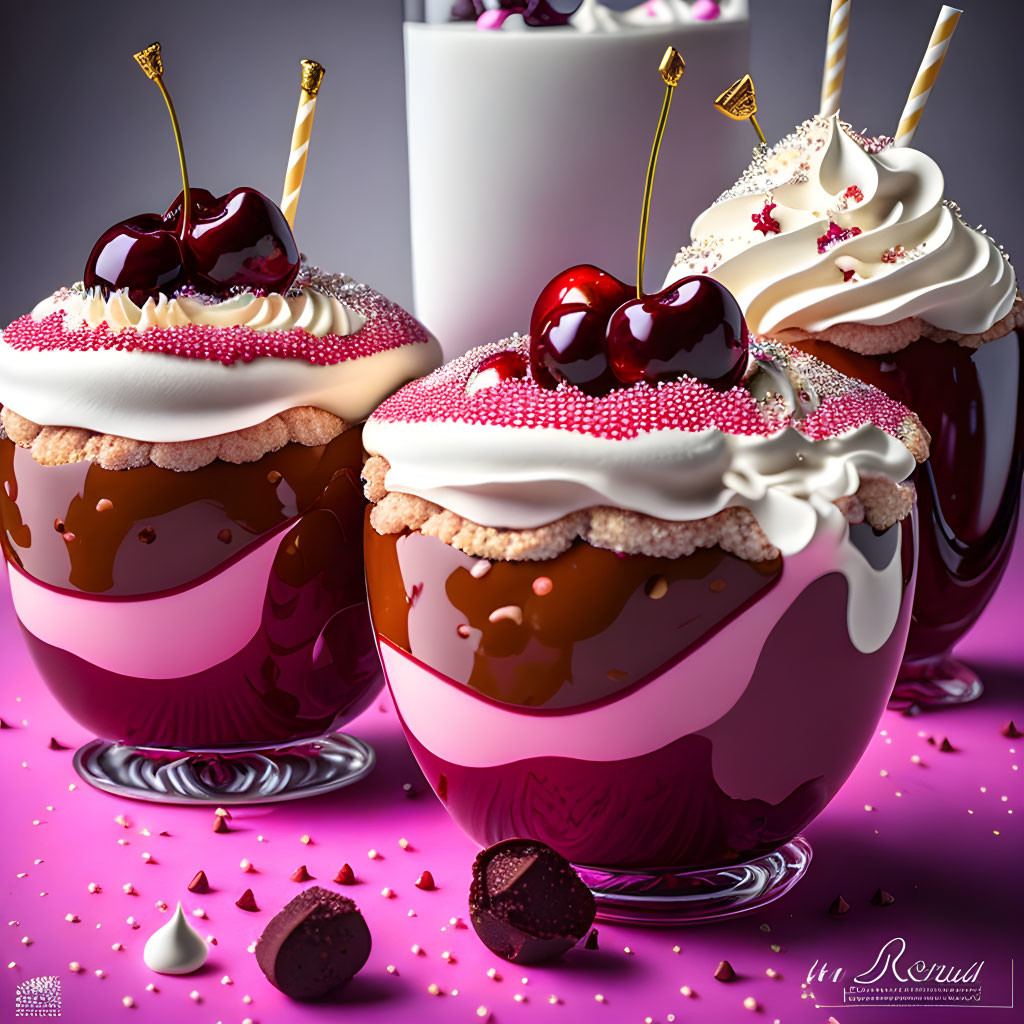 Cherry-topped desserts with whipped cream and chocolate syrup on purple background