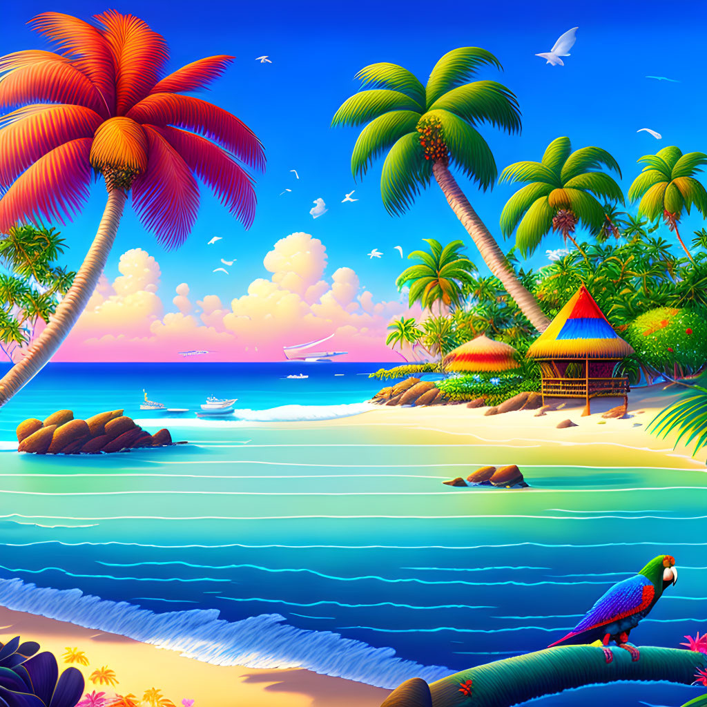 Tropical beach scene with palm trees, thatched hut, parrot, boat, rocks, and