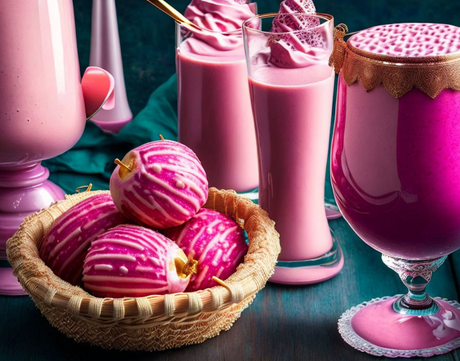 Pink milkshake glasses with golden straws beside pink-striped fruits basket on dark blue table