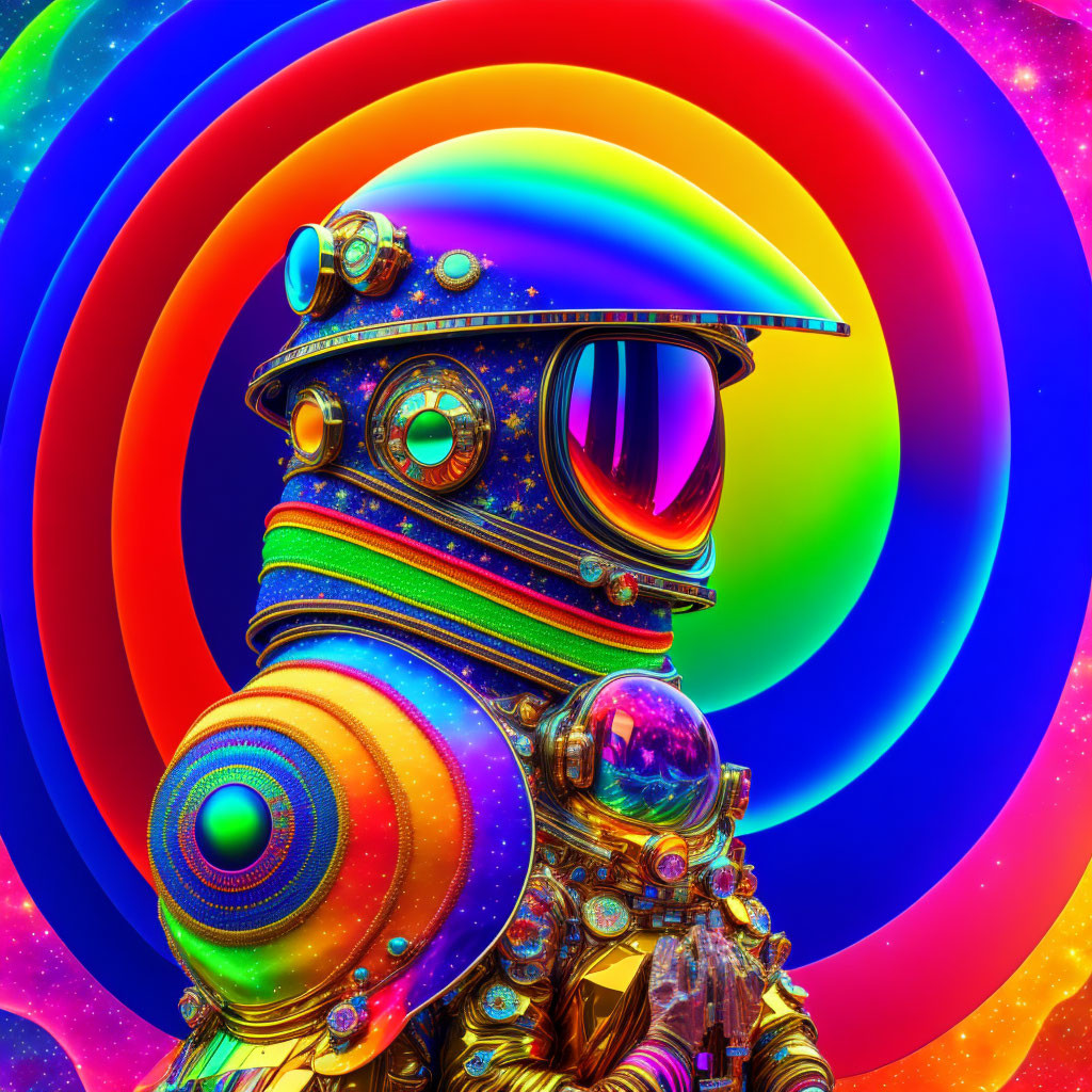 Vibrant cosmic-patterned astronaut against vivid rainbows