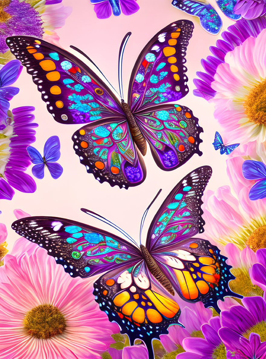 Colorful Butterfly Artwork Among Pink Flowers on Pastel Background