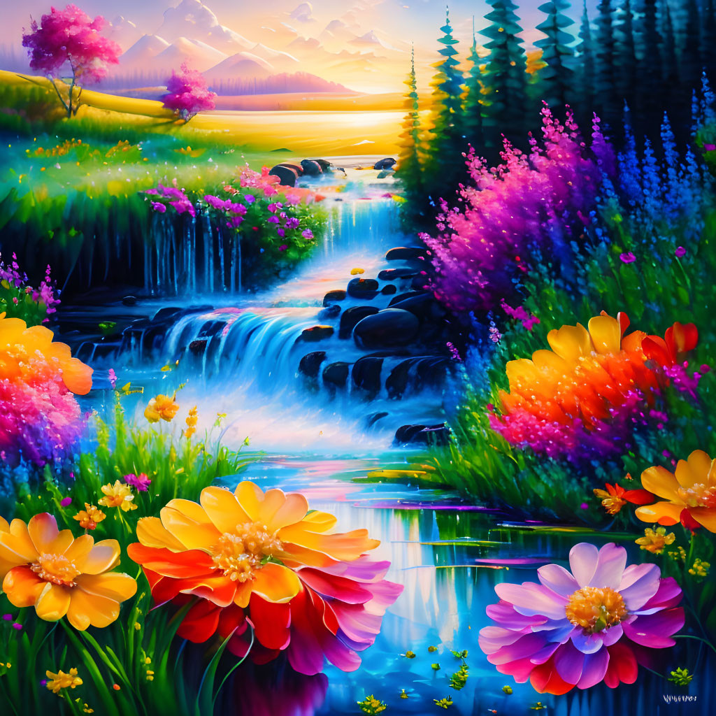 Colorful Floral Landscape with Stream and Sunset