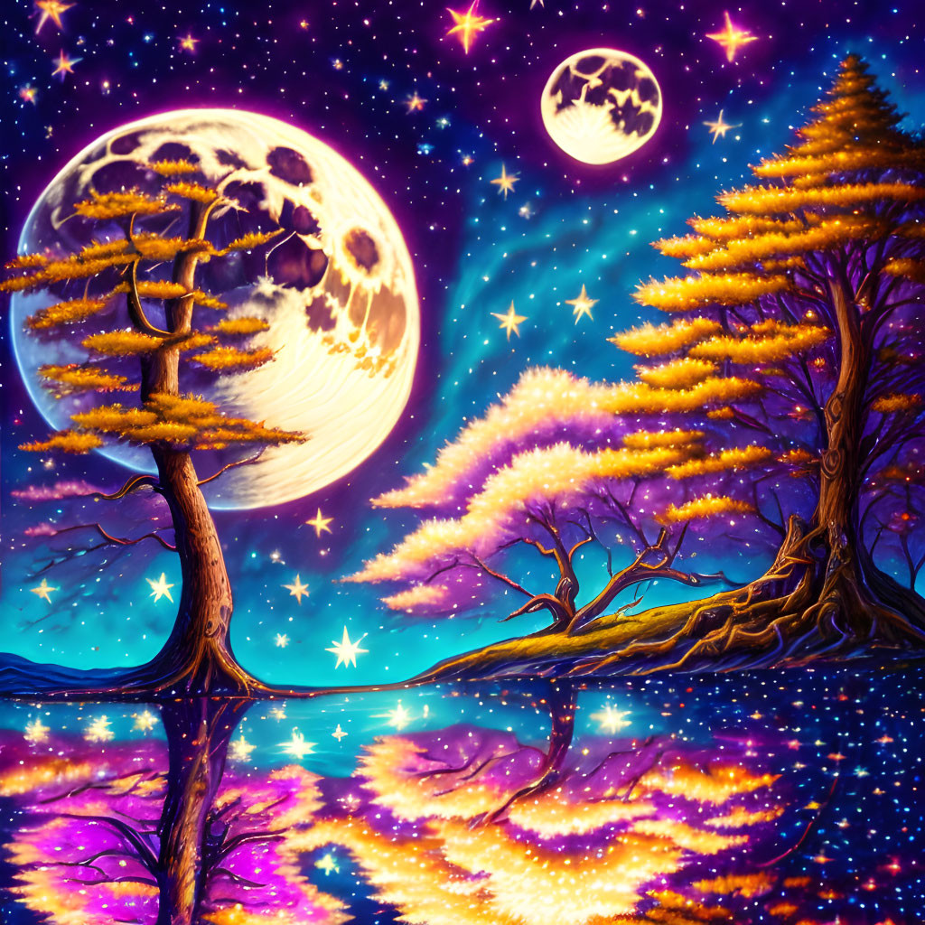 Fantasy landscape with glowing trees, starry sky, and two moons