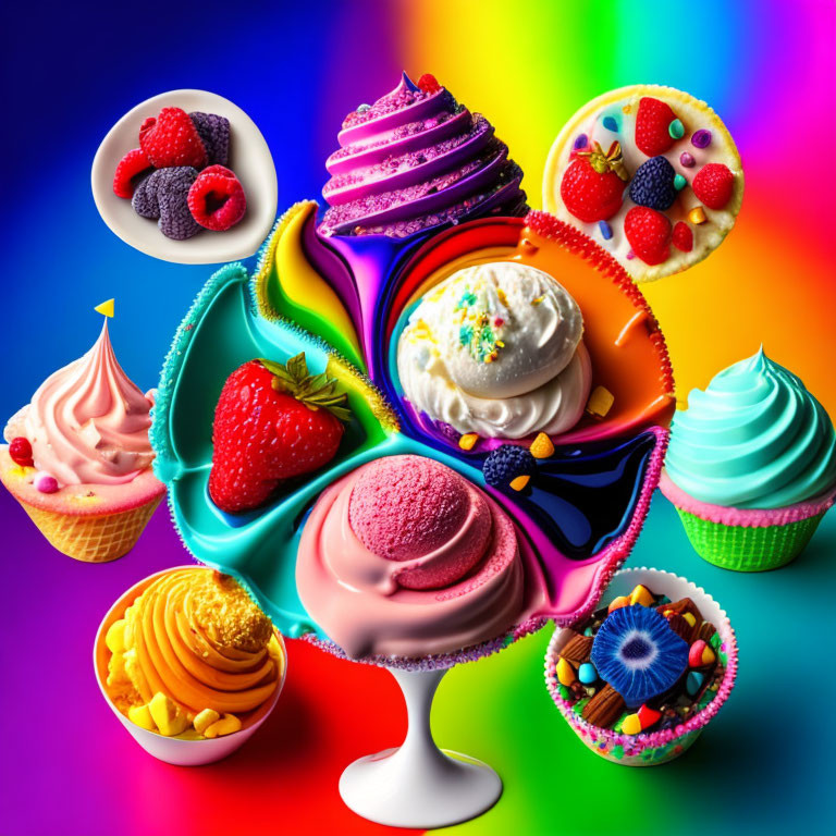 Colorful Desserts: Cupcakes, Ice Cream, Fruit on Swirling Background