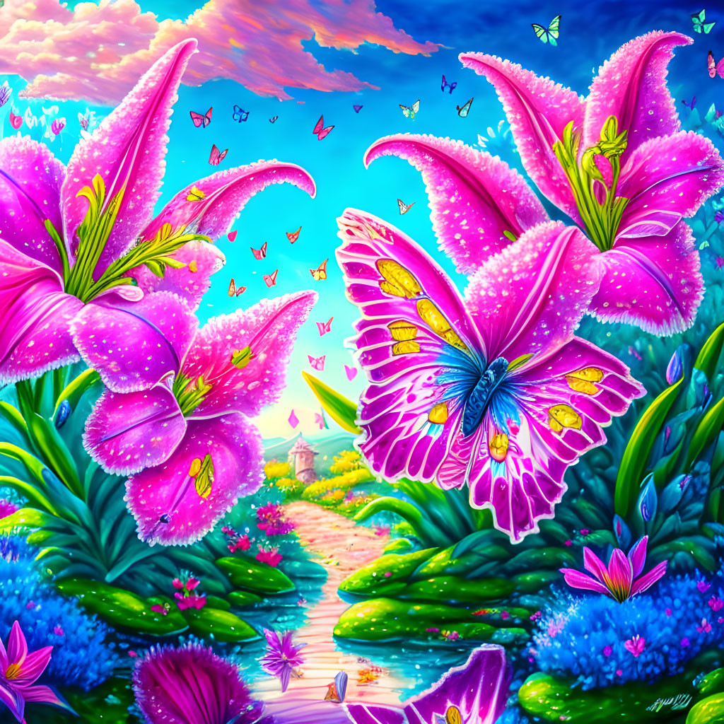 Fantasy landscape with pink lilies, butterflies, and cottage.