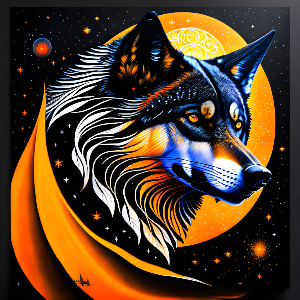 Colorful Wolf Painting with Cosmic Background