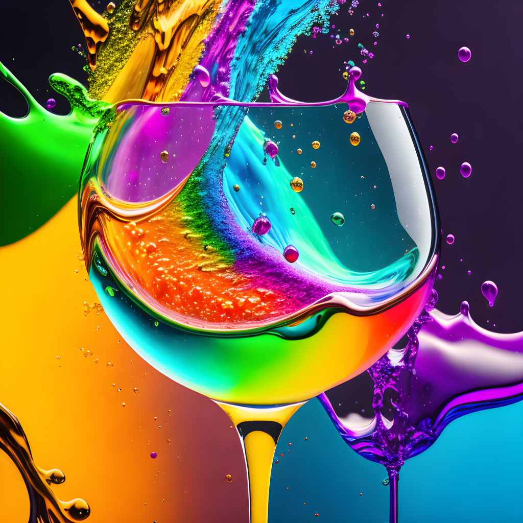 Vibrant liquid splash in colorful wine glass on dynamic background