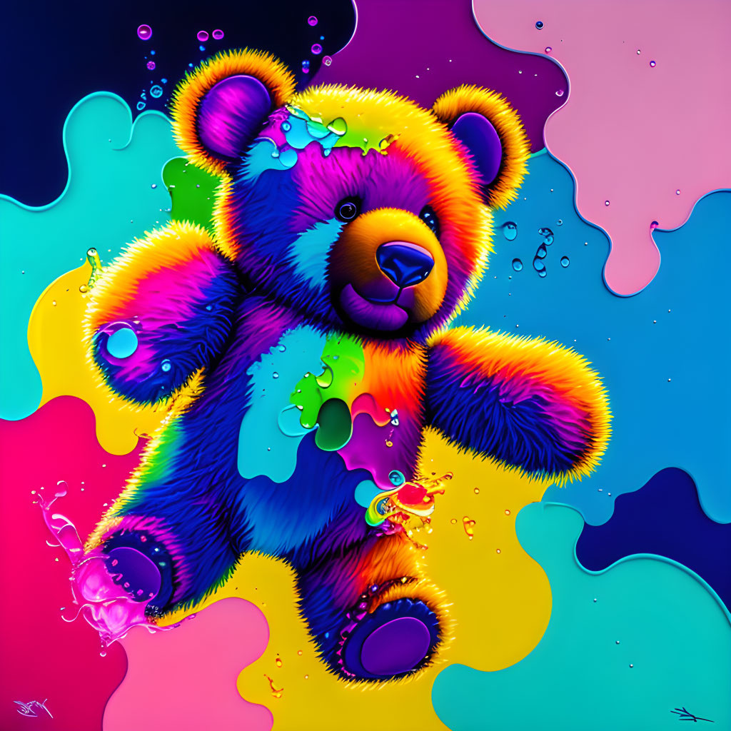 Colorful Teddy Bear Illustration on Vibrant Melting Background