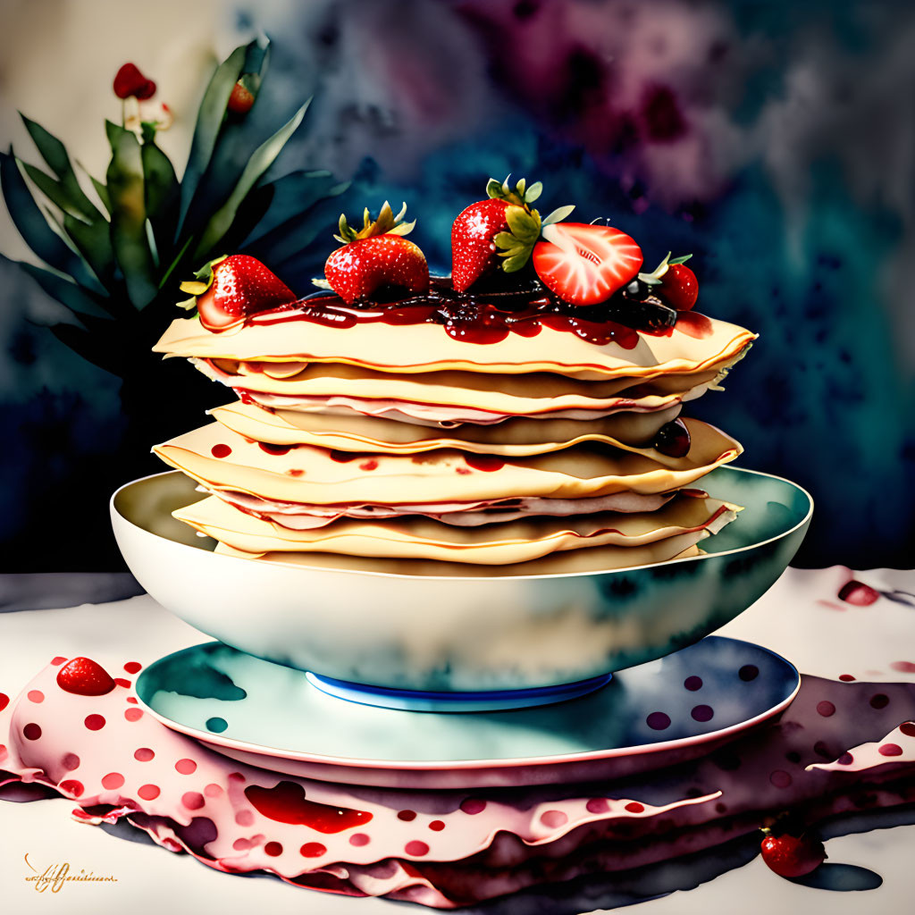 Pancakes with Chocolate Drizzle and Strawberries on Polka Dot Plate